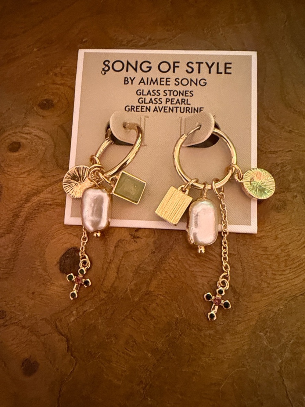 Song of Style Gold Hoop Earrings with Pearl & Green Stone Charms